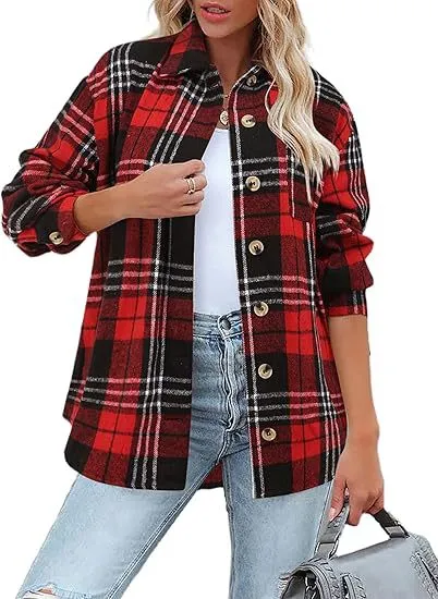 Fashionable Jacket Women's Brushed Woolen Jacket Plaid Red - Shop at LoveMi