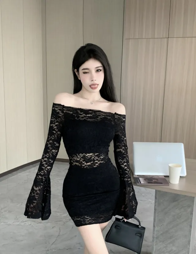 Womens Off shoulder Cutout Form fitting Long sleeve Dress Black - Shop at LoveMi