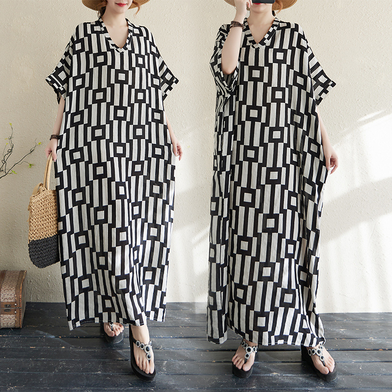 V-neck Retro Flab Hiding Cotton And Linen Dress