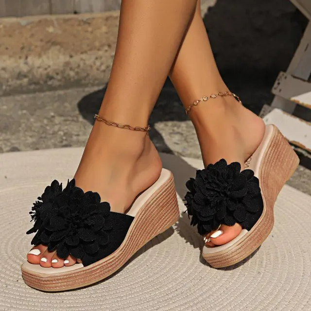 Flower Design Wedge Sandals Female Black - Shop at LoveMi