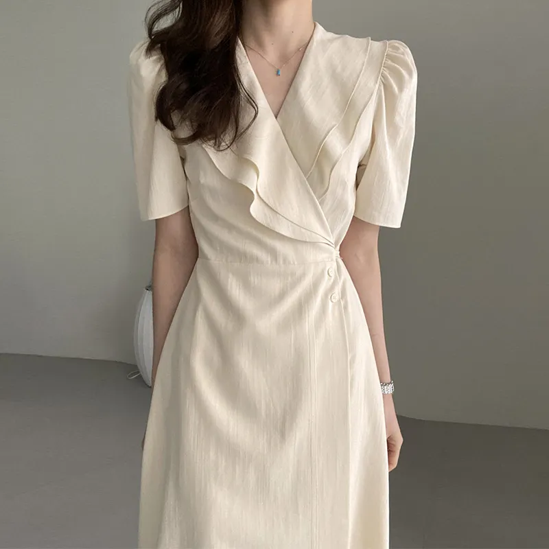 Retro Double-layer Collar Oblique Buckle Waist Slimming Mid-length One-piece Puff Sleeve Dress