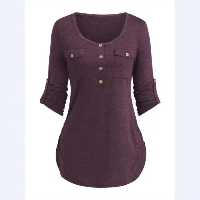 Solid Color Round Neck Long Sleeve Button Casual Beautiful Shirt Cute Dark Red - Shop at LoveMi