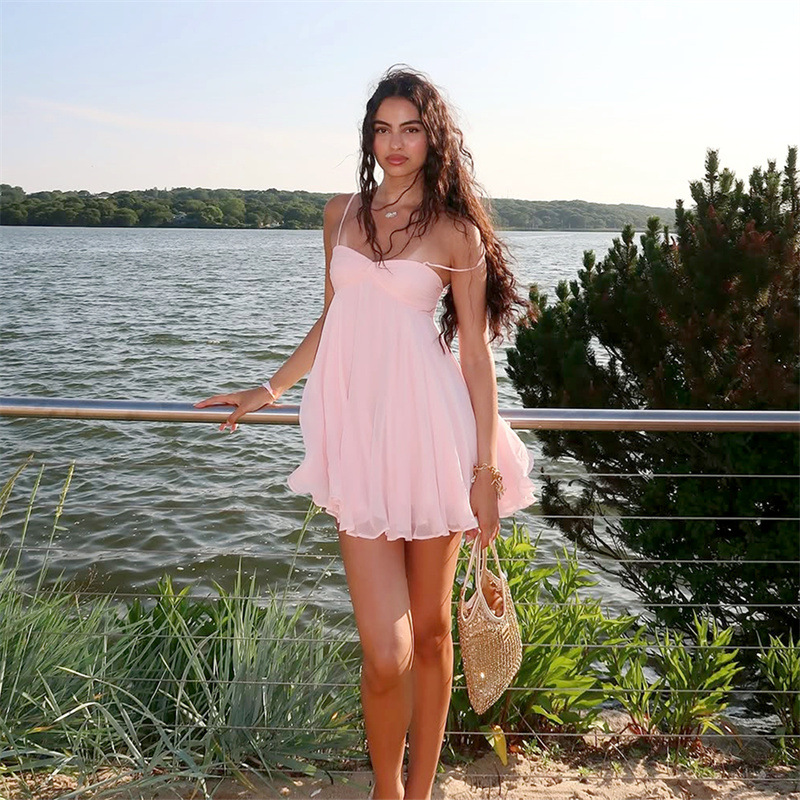 Summer New Style Off neck Fashionable Elegant Chiffon Sling Dress Pink - Shop at LoveMi