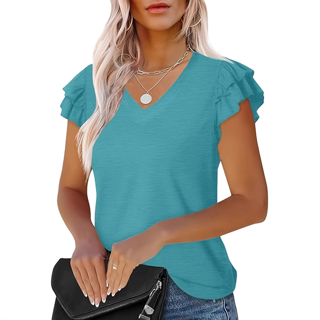 Casual Printing Ruffled Short Sleeves V-neck T-shirt