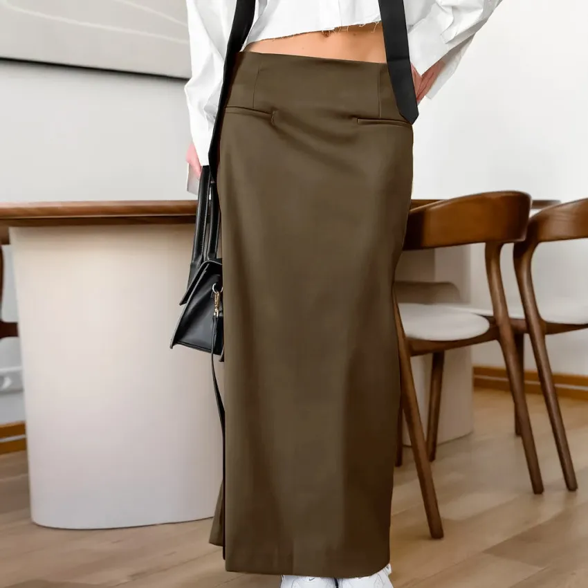 French-style Sophisticated Solid-color High-waisted Skirt With A Slit - Brown