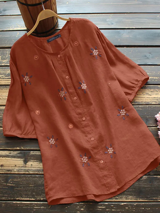European And American Embroidered Crew Neck Button Short Sleeve Orange - Shop at LoveMi