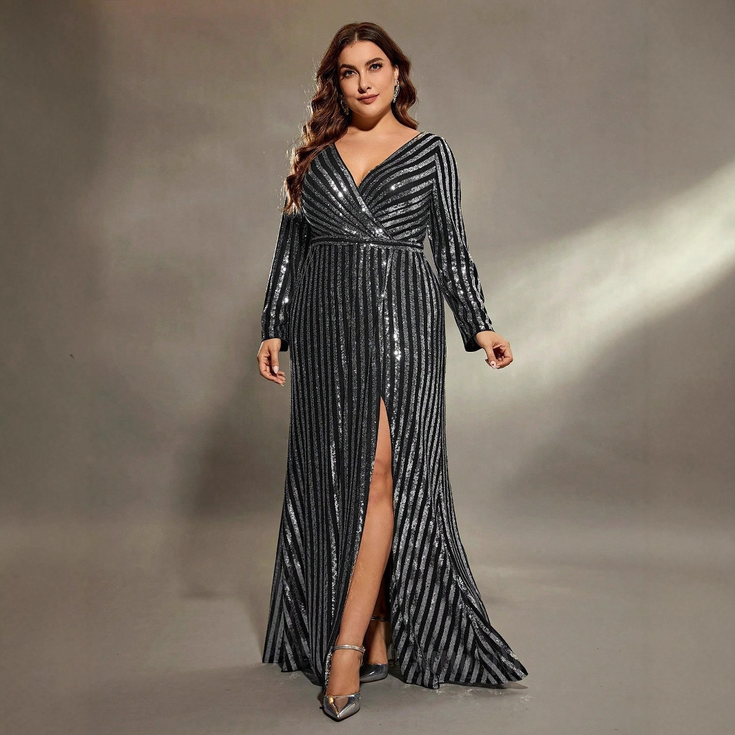 Long Striped V-neck Evening Gown New Design