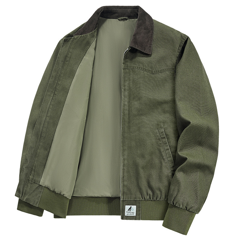 Spring And Autumn Washed Denim Work Jacket With Lapel For Young Men