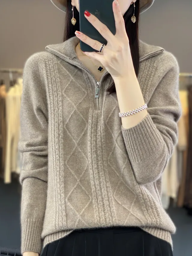 Autumn And Winter Twisted Half Zipper Cashmere Sweater Purple Velvet Camel - Shop at LoveMi