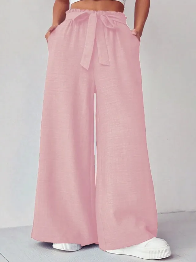 Adjustable High Waist Lace up Knot Loose Trousers Pink - Shop at LoveMi