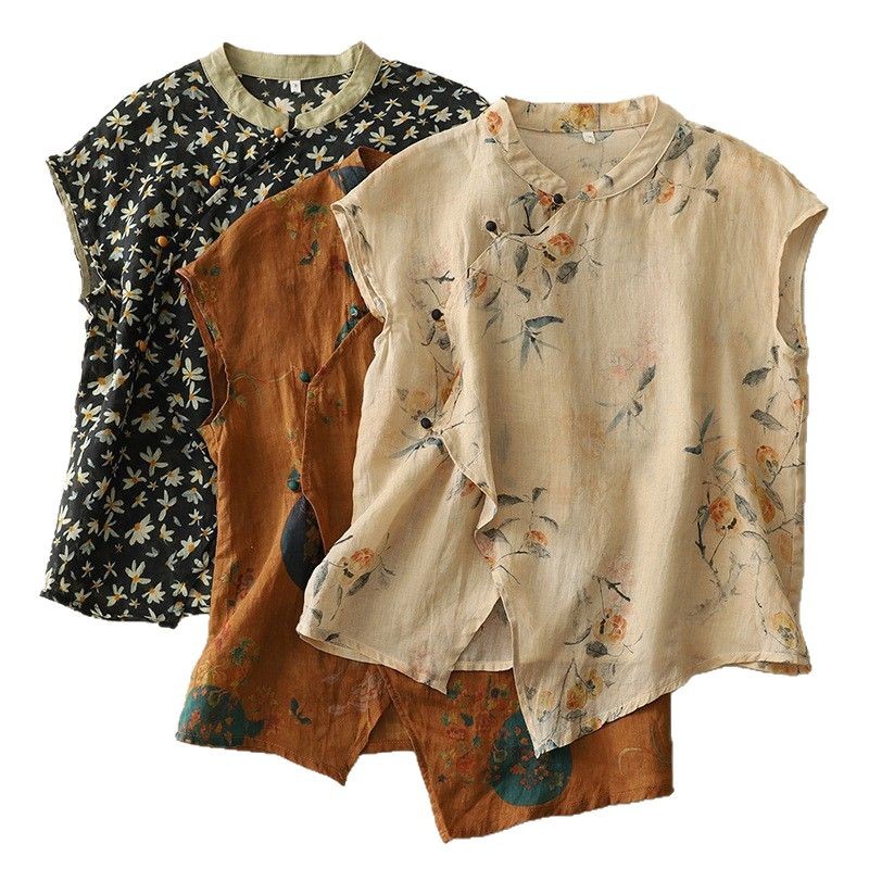 Women's New Chinese-style Sleeveless Shirt With Crossbody Buckle Printed Retro And Hipster Style Top