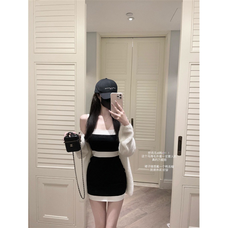 Slim fitting Patchwork Suspender Knitted Woolen Dress Black - Shop at LoveMi