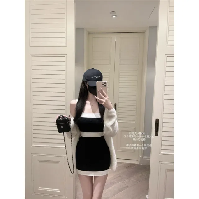 Slim fitting Patchwork Suspender Knitted Woolen Dress Black - Shop at LoveMi