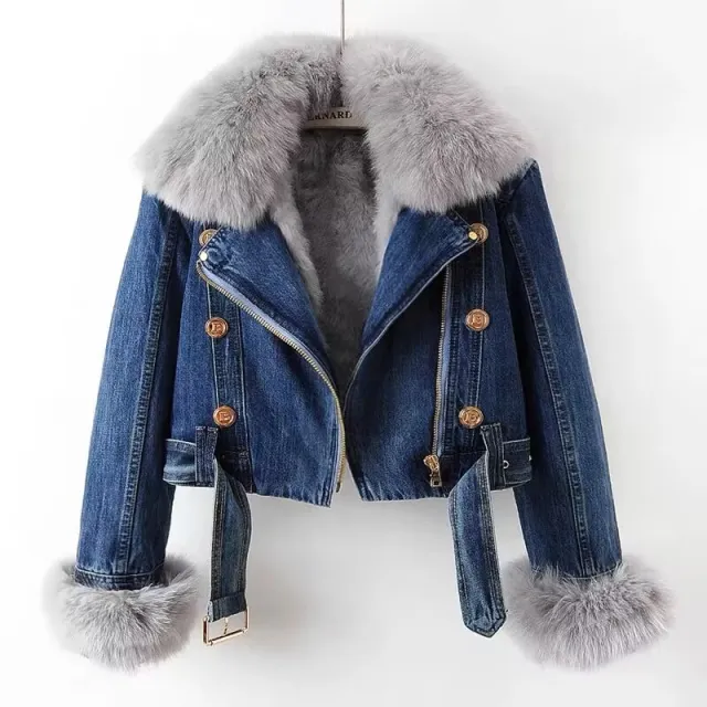 Detachable Fox Fur Rabbit Fur Liner Denim Coat Dark Blue - Shop at LoveMi
