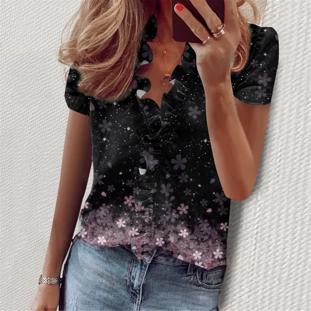 European And American Summer Ruffles Short Sleeve Slim Flower Print Figure 8 - Shop at LoveMi