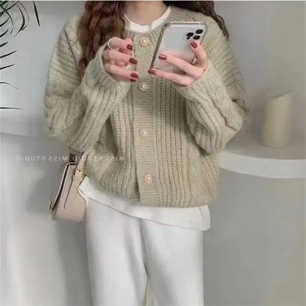 Idle Style Gentle Retro Twist Design Sweater Fashionable Jacket Women Light Green - Shop at LoveMi
