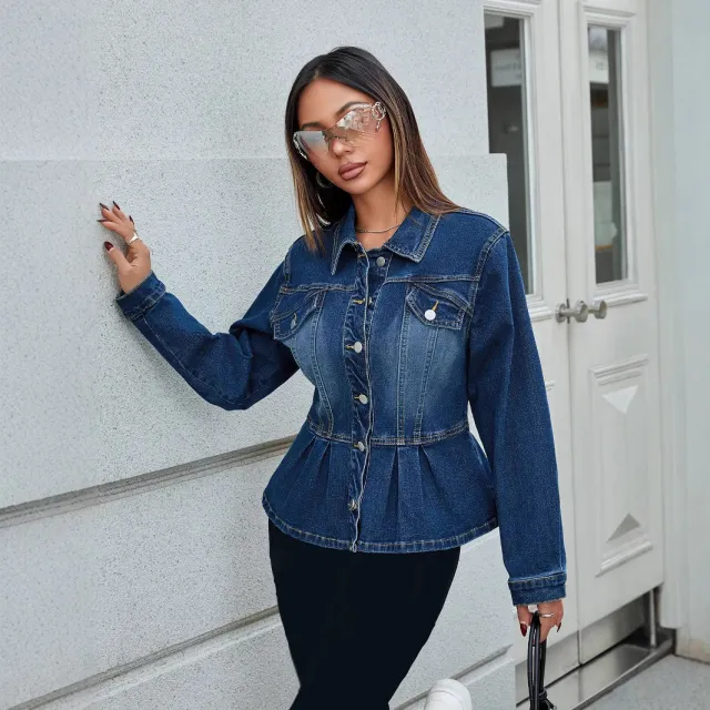 Washed Denim Waist tight Decorative Pocket Short Jacket Dark Blue - Shop at LoveMi