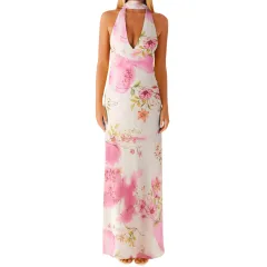 Womens Floral Halterneck Deep V-Neck Backless Bodycon Maxi Dress - Ivory - View 1