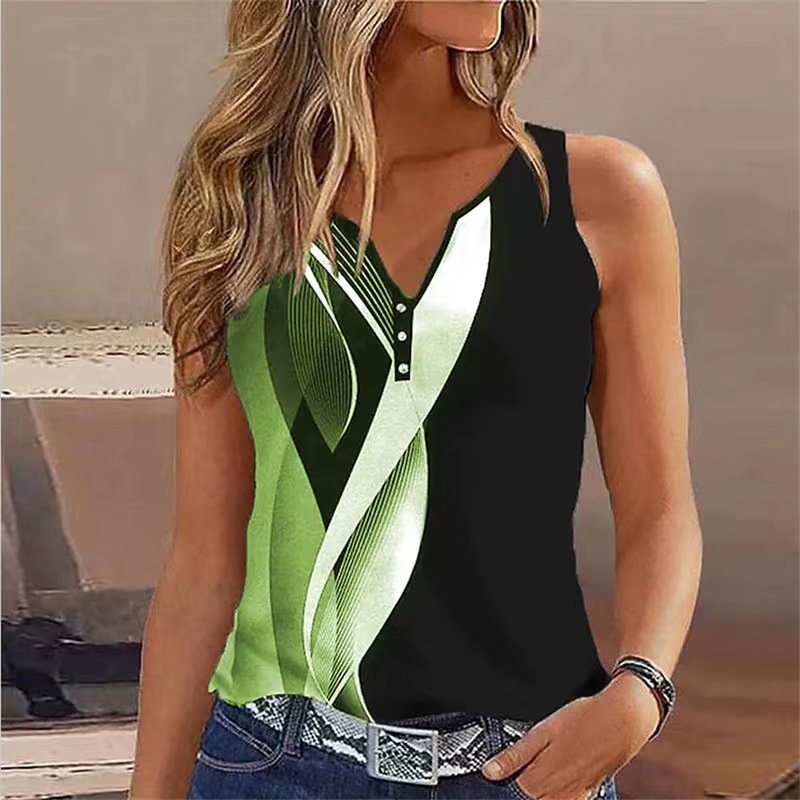 European And American V-neck Abstract Printing Sleeveless Vest Top