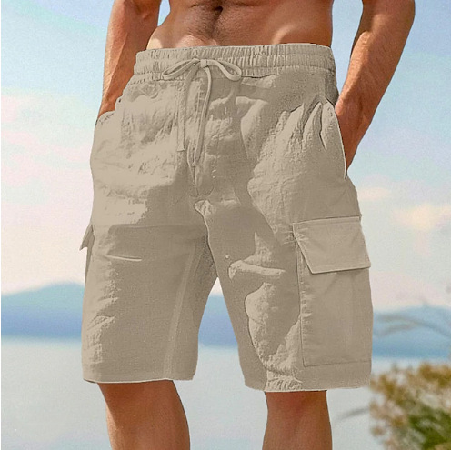 Beach Shorts With Elastic Waist Drawstring Multiple Pockets Solid Color