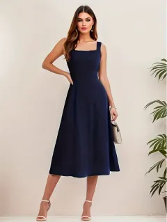 Sleeveless Solid Colour Casual Fashion Suspenders Long Dress - Dark Blue - View 1