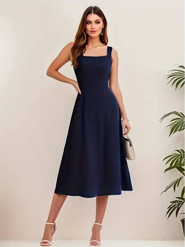 Sleeveless Solid Color Casual Fashion Suspenders Long Dress - Dark Blue
