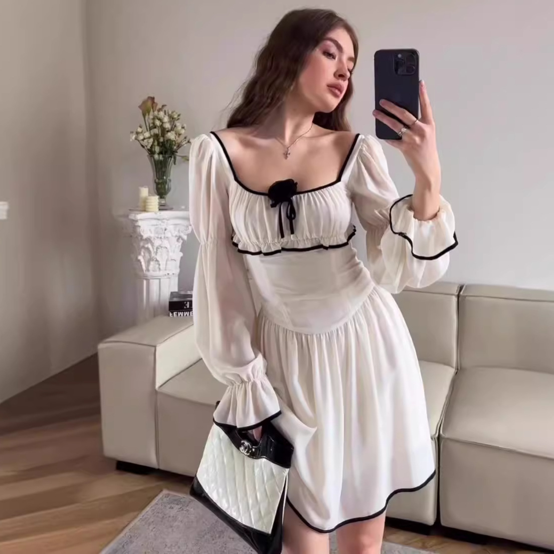 Fashion Color Contrast Square Collar High Waist Sweet Dress