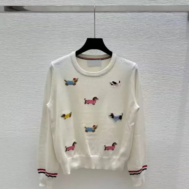 Autumn And Summer New Round neck Pullover Dog Embroidery Knitted Sweater Long Sleeve White - Shop at LoveMi