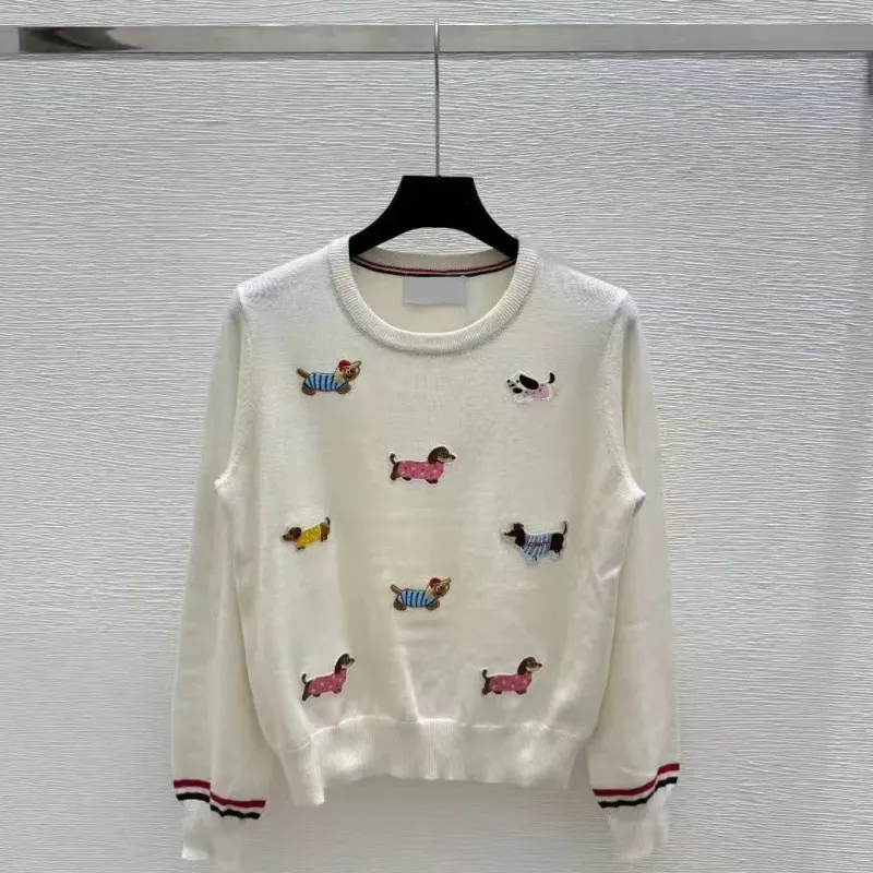 Autumn And Summer New Round-neck Pullover Dog Embroidery Knitted Sweater Long Sleeve - White