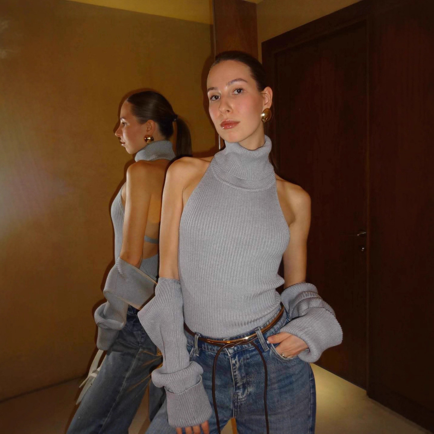 Sexy Backless Buckled Knit Vest And Long-Sleeve Shawl Two-Piece Set