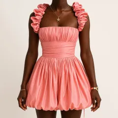 Temperament Halter Bustier High Waist Peplum Sleeveless Short Dress - Pink - View 1