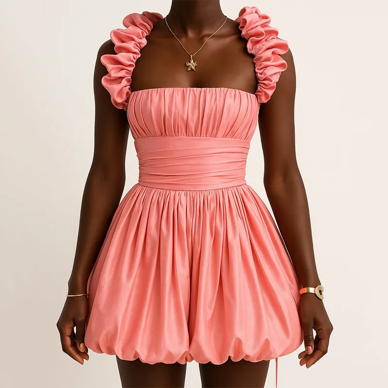 Temperament Halter Bustier High Waist Peplum Sleeveless Short Dress - Pink