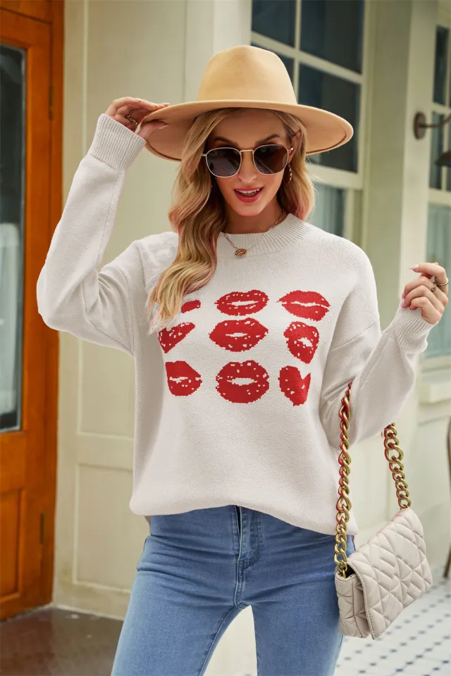 Women's Valentine's Day Love Lip Sweater Apricot - Shop at LoveMi