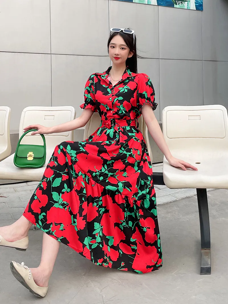 Floral Lapel Loose Fitting Short Sleeve Dress - Black