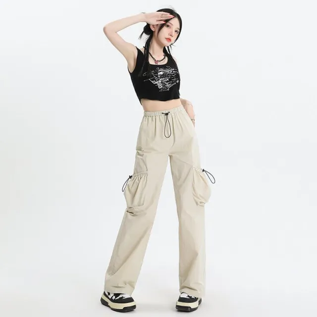 American Parachute Overalls Thin High Top Sports Tactical Pants Beige Lengthened - Shop at LoveMi