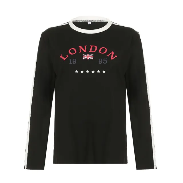 American style Retro Street Striped Stitching Long sleeved Top Black - Shop at LoveMi