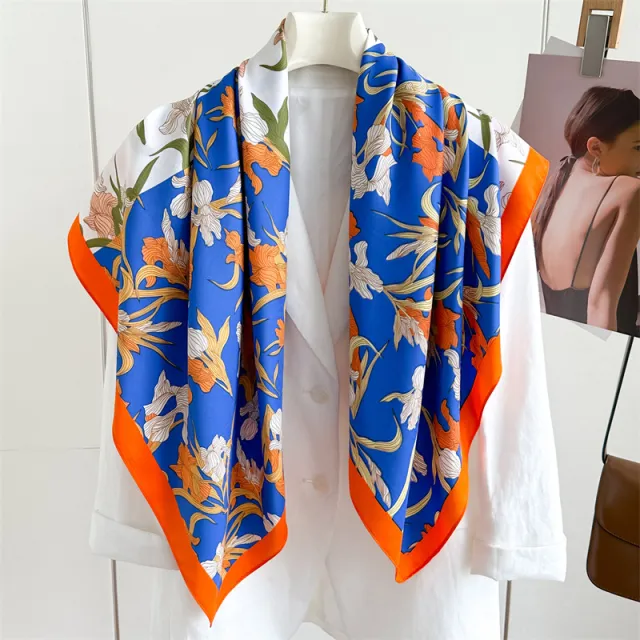 Fashion Printed Silk Scarf Twill Silk Square Scarf Fn1441 Blue Orange - Shop at LoveMi