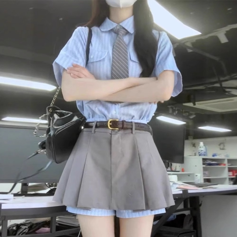 Girls Preppy-Style Striped Shirt And Skirt Set - Image 2