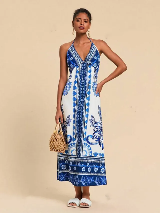Womens Woven Printed Backless Halter Maxi Dress For Vacation Blue - Shop at LoveMi