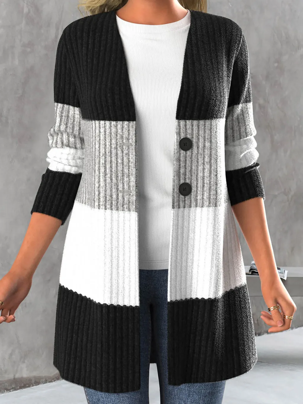 Women's Long-sleeve Striped Bohemian-style Jacket - Gray