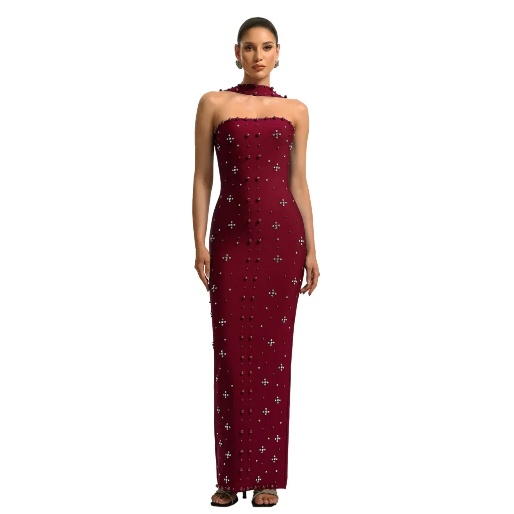 Elegant Beaded Bodycon Tube Dress For Women - Red