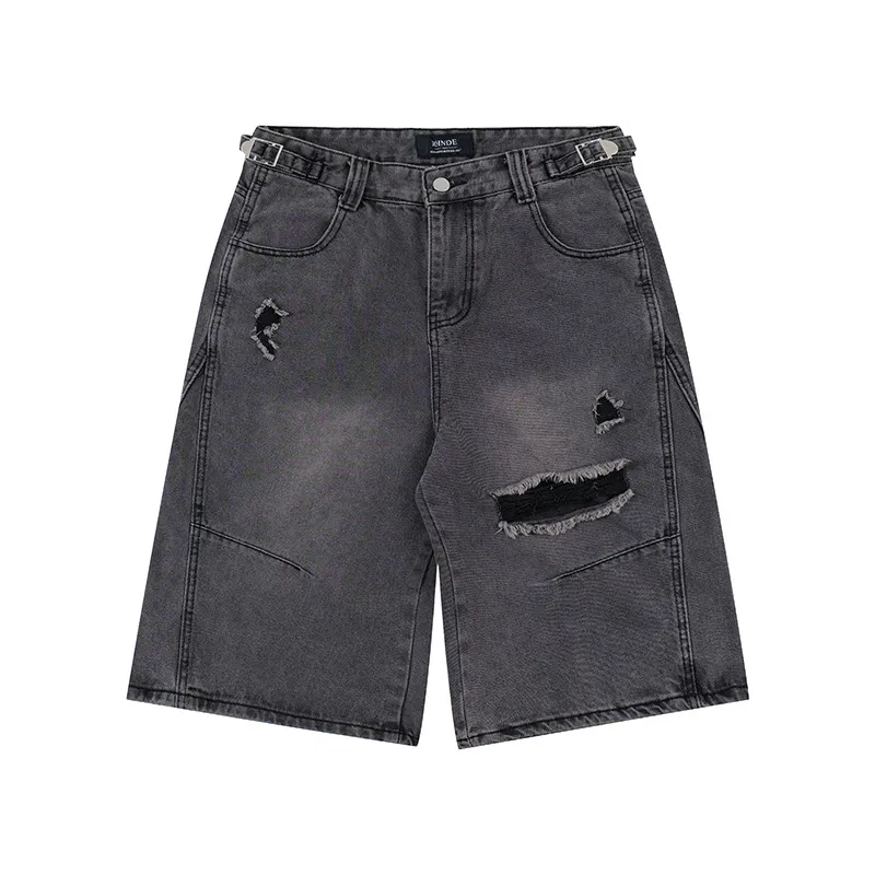 American Retro Cropped Ripped Jeans - Gray