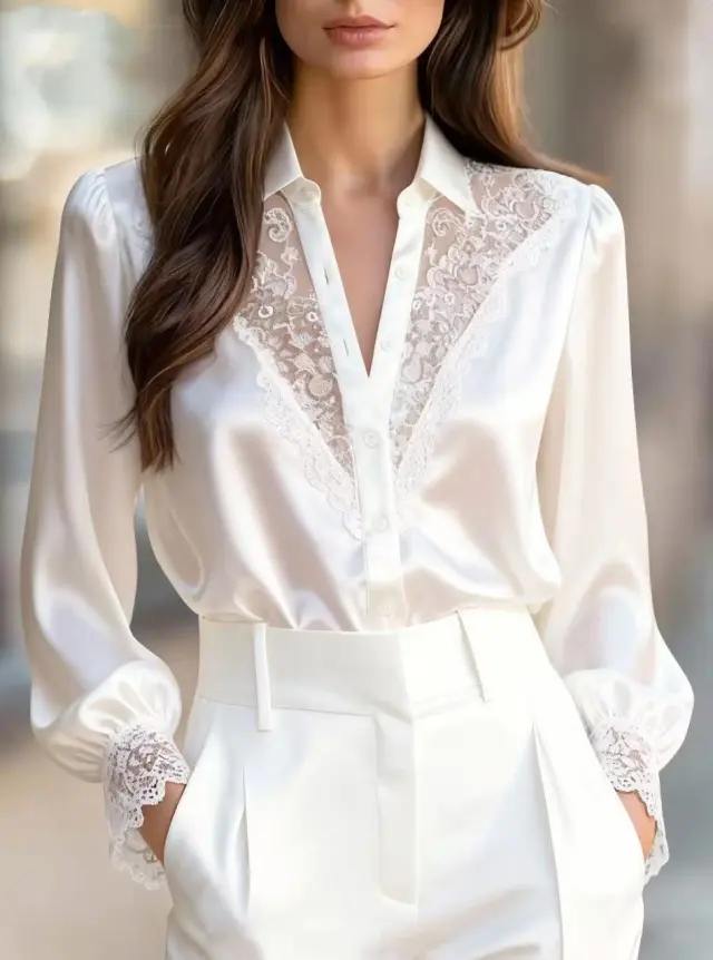 Women's Solid Color Niche Lace V Neck Puff Sleeve Shirt White - Shop at LoveMi