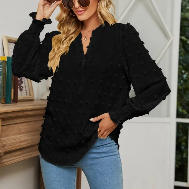 Dot Long sleeved Bubble Sleeve V neck Shirt Top Black - Shop at LoveMi