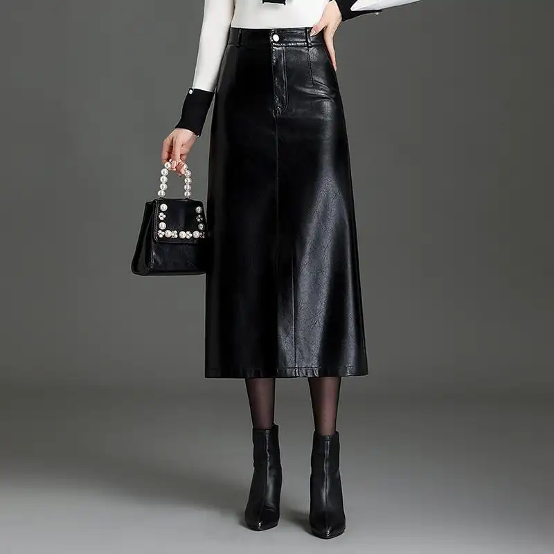 PU Leather Black Mid-length Skirt Womens Autumnwinter Style