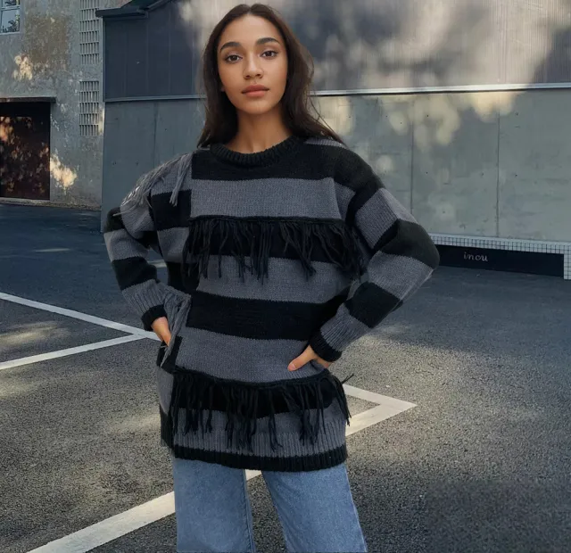 Contrast Color Tassel Sweater Sweater Striped European And American Top Gray - Shop at LoveMi
