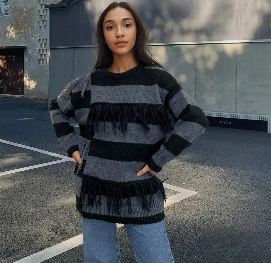 Contrast Colour Tassel Sweater Sweater Striped European And American Top - Grey