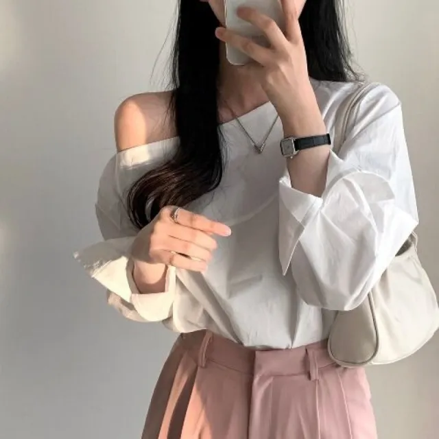 Single side Off shoulder Loose Long sleeved Shirt Women's Top White - Shop at LoveMi