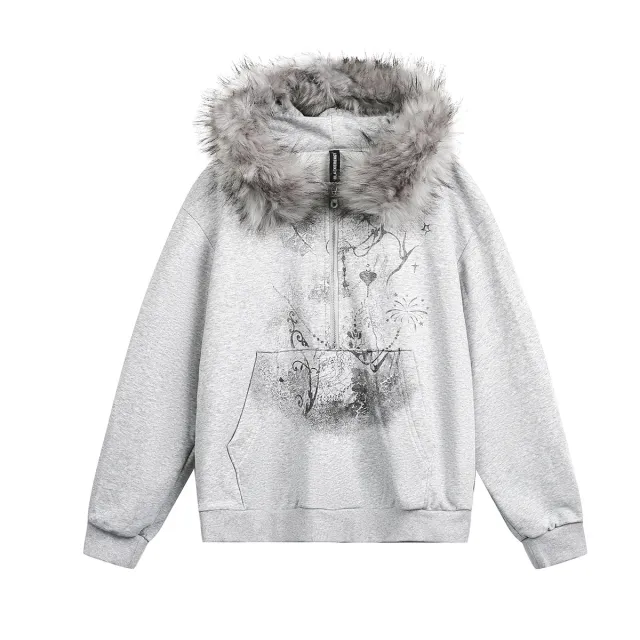 Fur Collar Coat Half open Collar Stitching Zipper Sweater Flower Gray - Shop at LoveMi