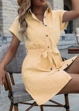 Casual Short Sleeve Striped Printed Dress Yellow - Shop at LoveMi